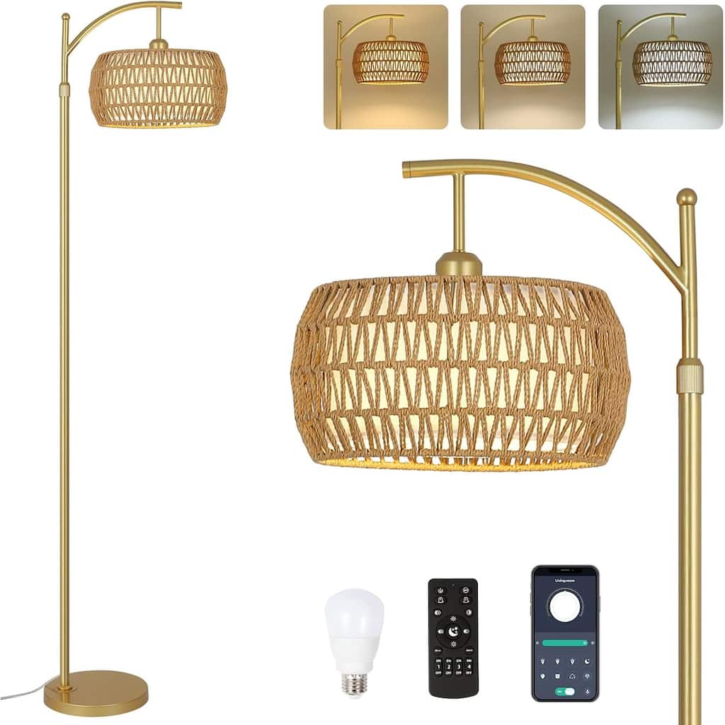 Floor Lamp with 3 Color Temperatures,LED Gold Floor Lamp with Remote & Stepless Dimmable Bulb,Boho Standing Lamp with Rattan