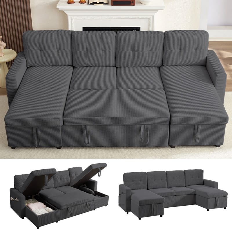 W103" Corduroy 4-Seater Modular Sleeper Sofa Bed with Storage Chaise,U-shaped Sofa with Pull-out Bed - Dark Grey - 4-Seater 