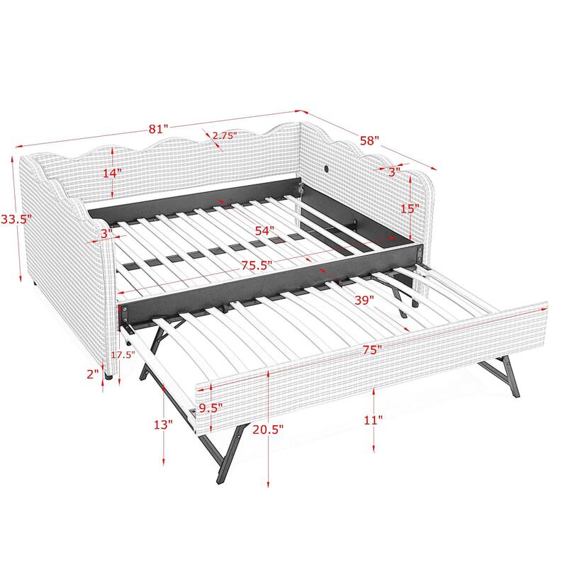 Full Size Gingham Daybed with Twin Trundle, Linen Sofa Bed with USB Port and Wave Shaped Design