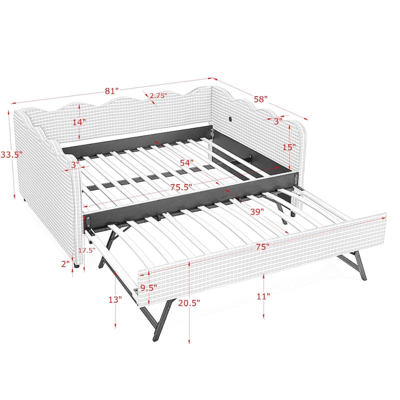Full Size Gingham Daybed with Twin Trundle, USB Port, Wave Shaped Design & Linen Fabric - No Box Spring Needed