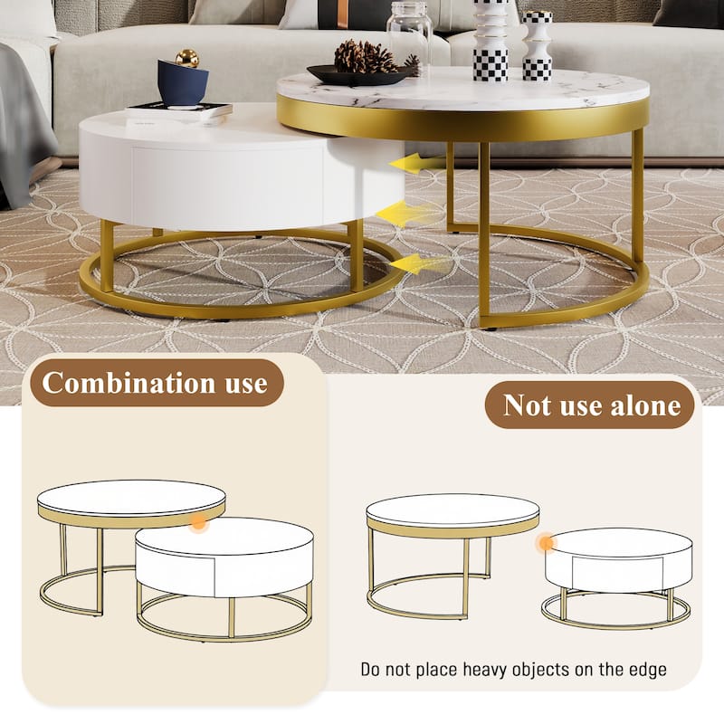Modern Round Nesting Coffee Table with Drawers in White