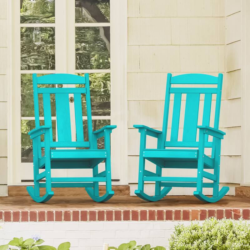 Eco-Friendly Plastic Outdoor Adirondack Rocking Chairs For Porch Set of 2 - Aruba Blue