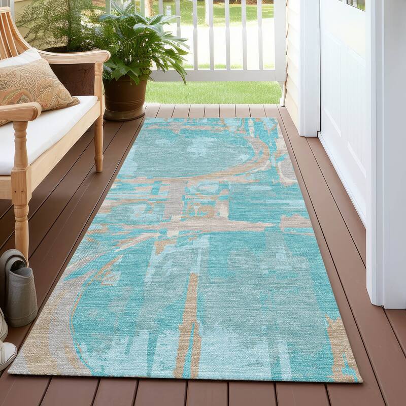 Machine Washable Indoor/ Outdoor Chantille Contemporary Abstract Rug - Teal - 2'3" x 7'6"