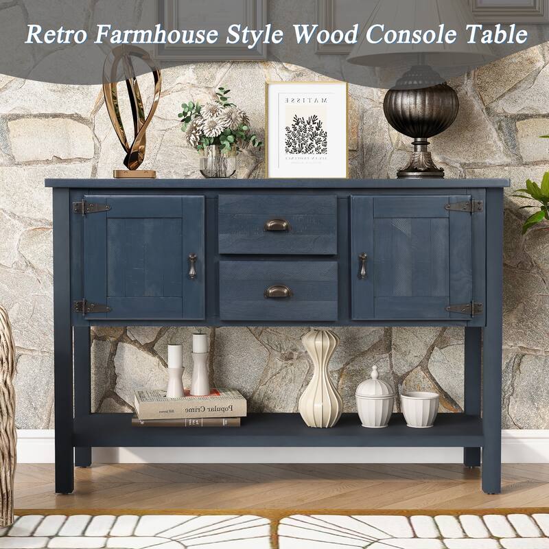 48" Wood Sideboard Console Table with 2 Drawers, Cabinets & Bottom Shelf