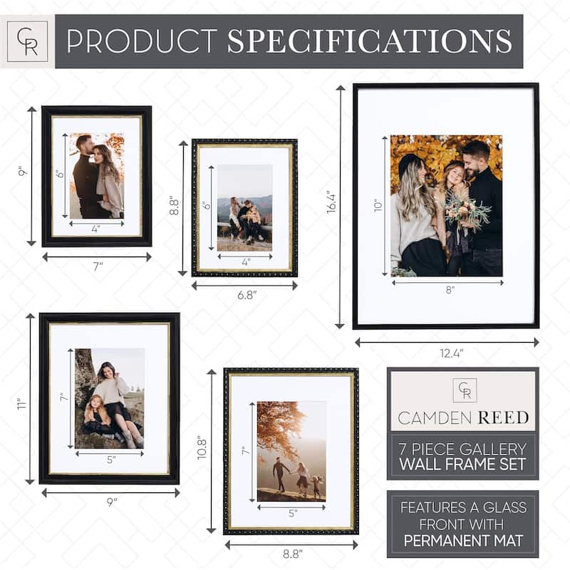 Camden Reed 7 Piece Gallery Wall Frame Set, (1) 12x16 Inch, (2) 8x10 Inch, and (4) 6x8 Inch, Black/Gold