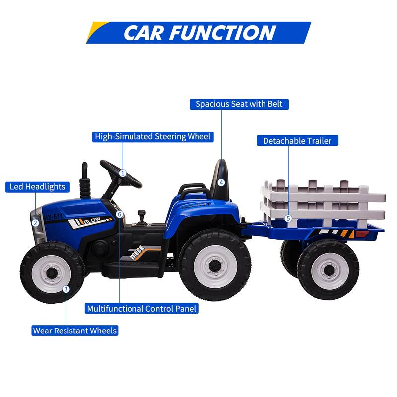 12V Kids Electric Tractor w/Remote Control Treaded Tires,Battery Powered Ride On Tractor with Trailer & 2+1-Gear-Shift