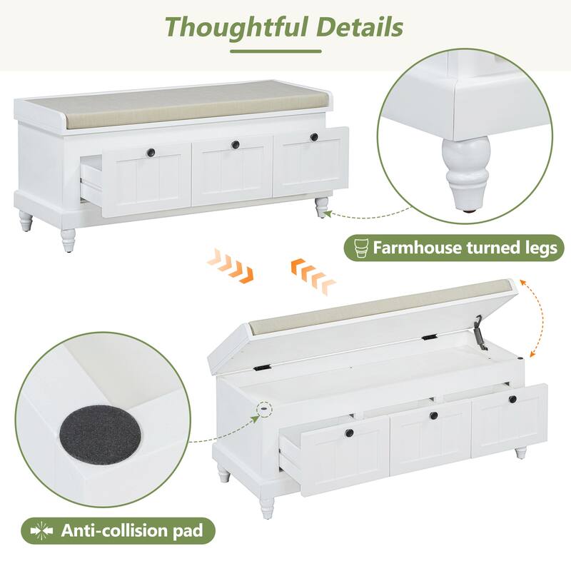 Classic Storage Bench with Cushioned Seat and 3 Drawers