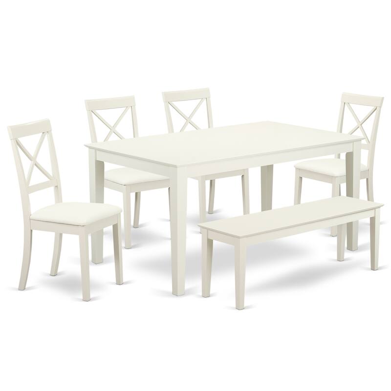 East West Furniture 6 Piece Dining Table Set- a Wooden Table and 4 Faux Leather Dining Room Chairs with a Bench, Linen White