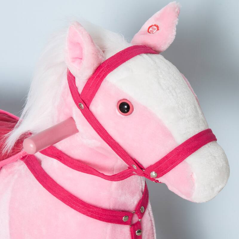 Pink-White Rocking Horse for Kids with Sound Effects Soft Seat and Wooden Frame - 30.75" L x 11" W x 26.75" H