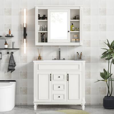36''Bathroom Vanity with Top Sink,Mirror Cabinet,Storage Cabinet with 2 Closing Doors,2 Drawers,Sink Bathroom Vanity