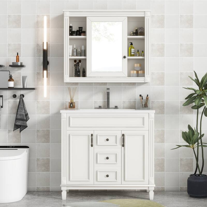 Modern Single Sink Bathroom Vanity with 2 Doors, 2 Drawers & Mirror Cabinet