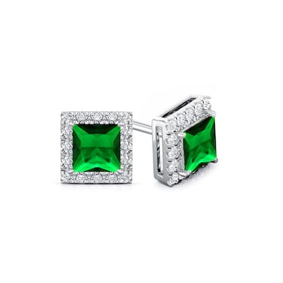 Auriya 14k Gold Lab Grown Gemstone Green Emerald Stud Earrings Princess 0.25 to 5.00 ct. tw. Halo Screw-Back