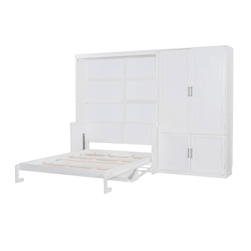 Space-Saving Queen Size Murphy Wall Bed with Built-In Closet and Hydraulic System, White/Gray