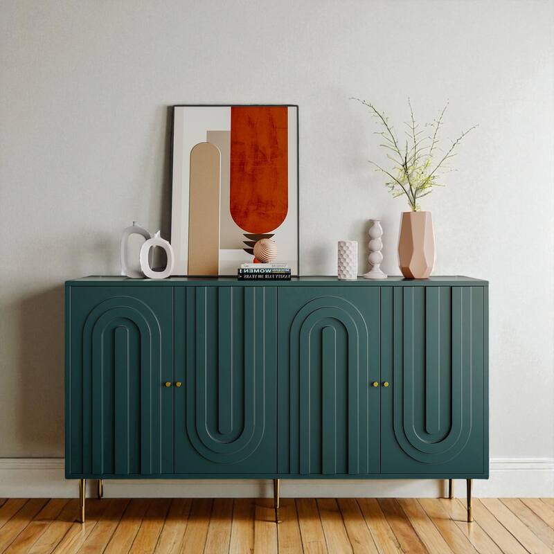 Modern Lacquered 4-Door Sideboard Buffet Cabinet with Adjustable Shelves and Gold Metal Legs, MDF Storage Cabinet.