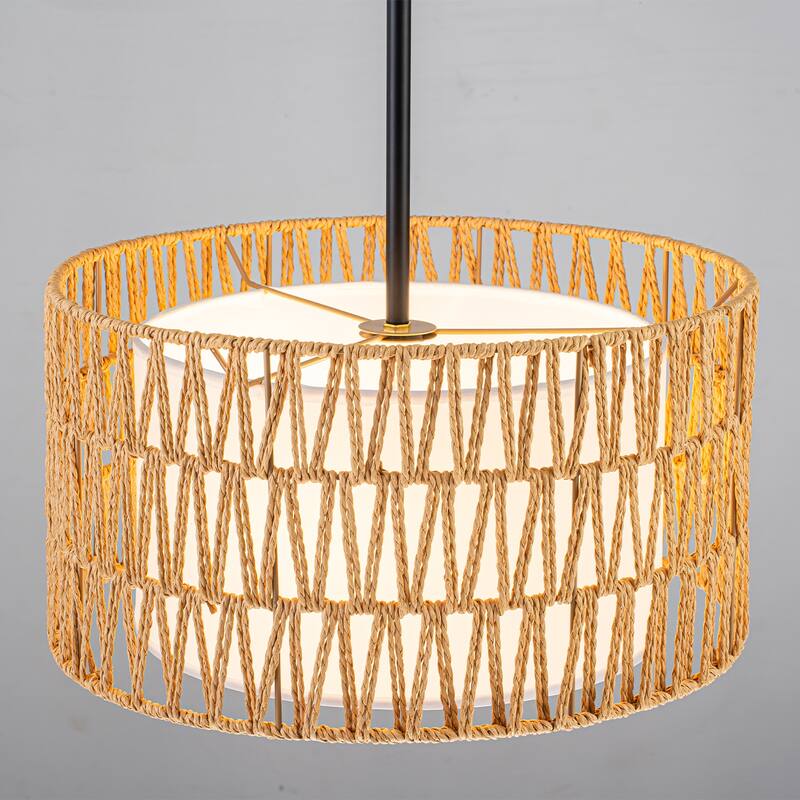 Farmhouse 1-Light Drum Pendant Light with Woven Shades - Black