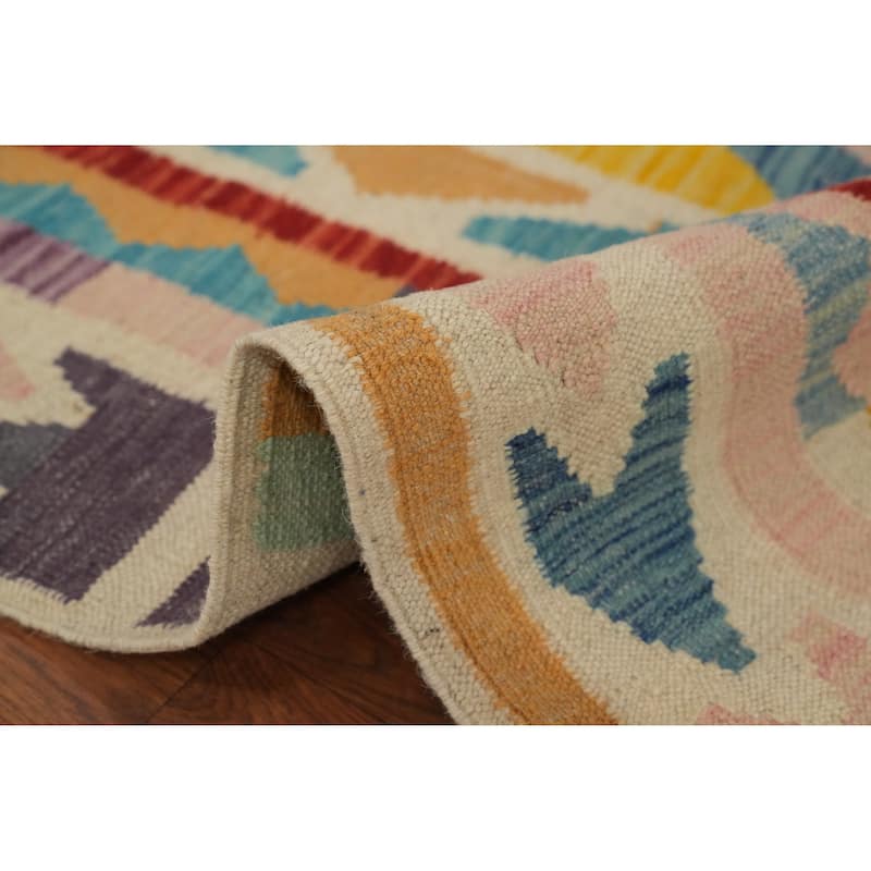Hand Woven Oriental 100% Wool Carpet Southwestern Tribal Multi-Colored Kilim Runner Rug - 12' 0'' X 2' 8''