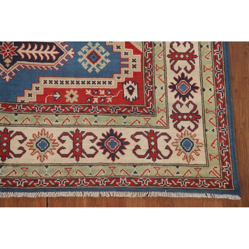 Blue Geometric Kazak Oriental Rug Handmade Traditional Wool Carpet - 6'8" x 10'1"