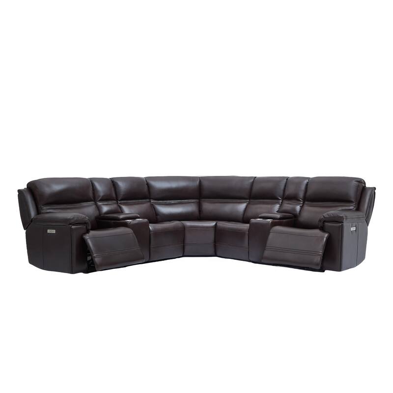 7PCS, 2 power Recliners, Dual-Power Genuine Leather Reclining Sectional with Console, Zero Gravity