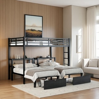 Full XL Over Twin & Twin Triple Bunk Bed with Drawers, Metal Frame with ...