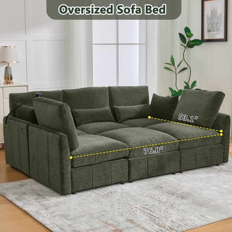 Modular Sectional Sofa with Movable Ottoman Convertible L-Shape or U-Shape Sofa Bed Built-in USB Charging Ports and Phone Holder