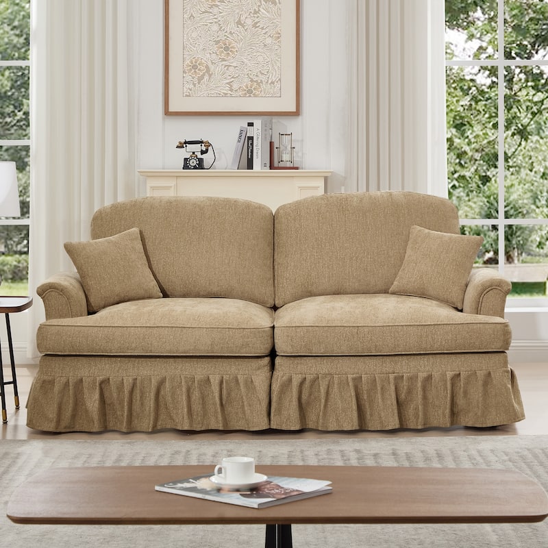 Mid-Century 2-Seat Sofa Couch with Flared Arms & Removable Ruffled Skirts, Retro Chenille Upholstered Loveseat for Living Room - Light Coffee