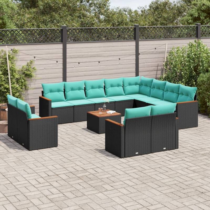 vidaXL 12/13 Piece Patio Sofa Set with Cushions Black/Gray Poly Rattan - 24.4 x 24.4 x 27.2 - Black With table