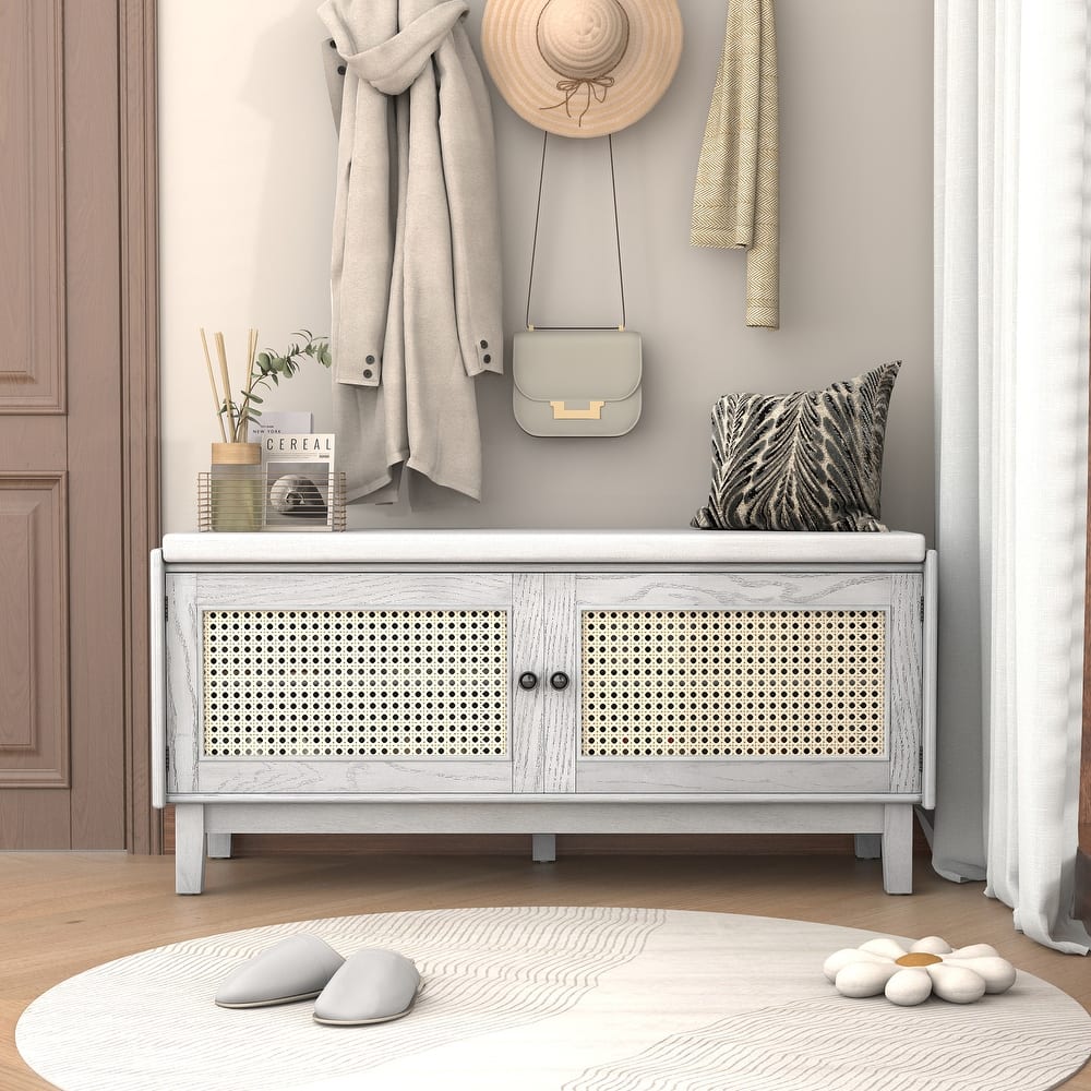 Boho Rattan Entryway Storage Bench with Double Doors
