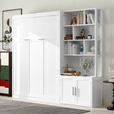 Full Size Murphy Bed Cabinet Folded Wall Bed w/ Cabinet, Storage Shelves
