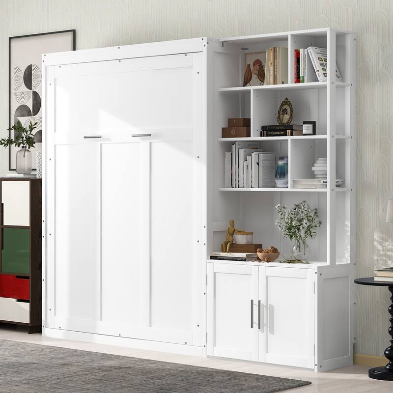 Space-Saving Full Size Murphy Bed with Storage Shelves and Cabinet, White
