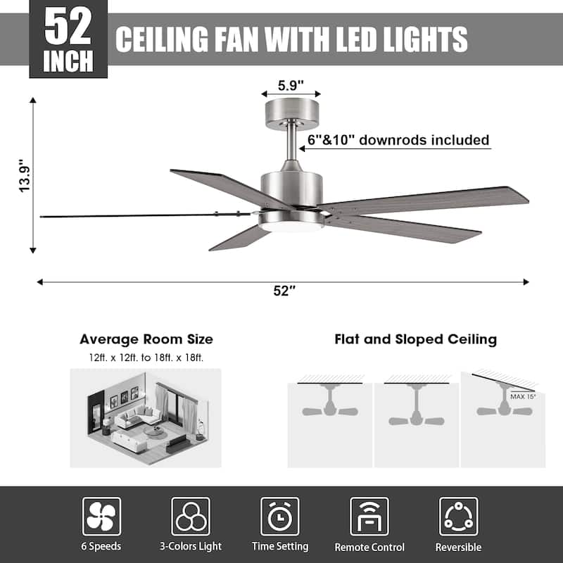 Vaczon 52" Modern Brushed Nickel Plywood Integrated LED Dimmable Smart Ceiling Fan with APP Control