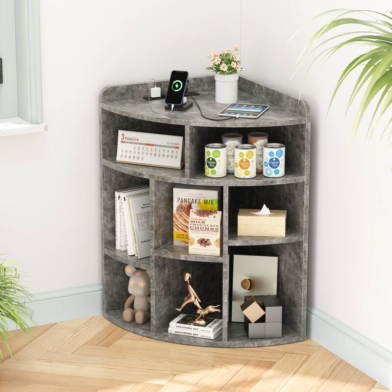 VECELO 4-Tier Adjustable Corner Bookshelf with Charging Station 3 AC Outlets & 2 USB Ports Waterproof Eco-Friendly Design