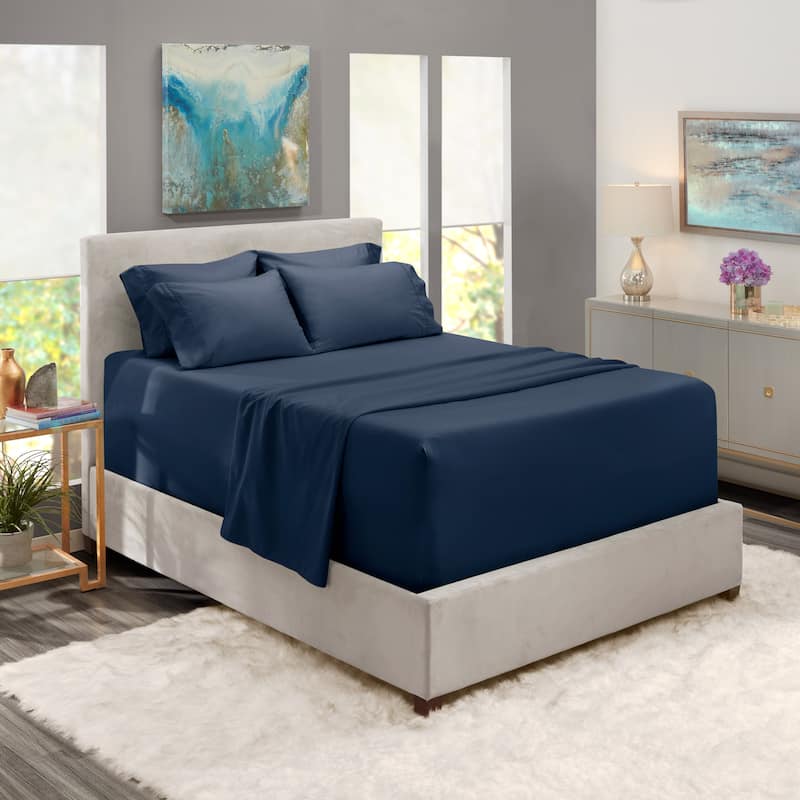 Empyrean Extra Deep Pocket Bed Sheet Set - Breathable, Super Soft Sheets with Extra Set of Pillowcases - King - Navy Blue