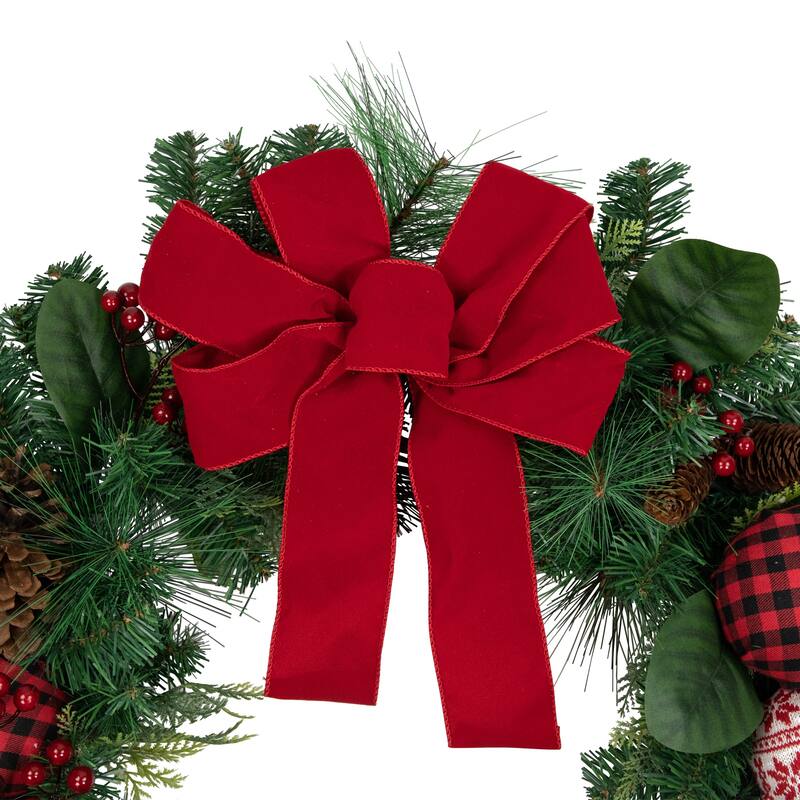 Red Bow and Mixed Foliage Artificial Christmas Wreath with Ornaments 30-Inch - 30"