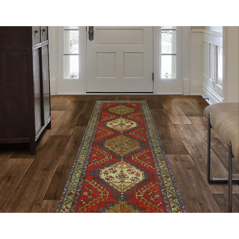 Fine Vintage Distressed Muriel Red/Navy Runner - 3'2" x 9'6"