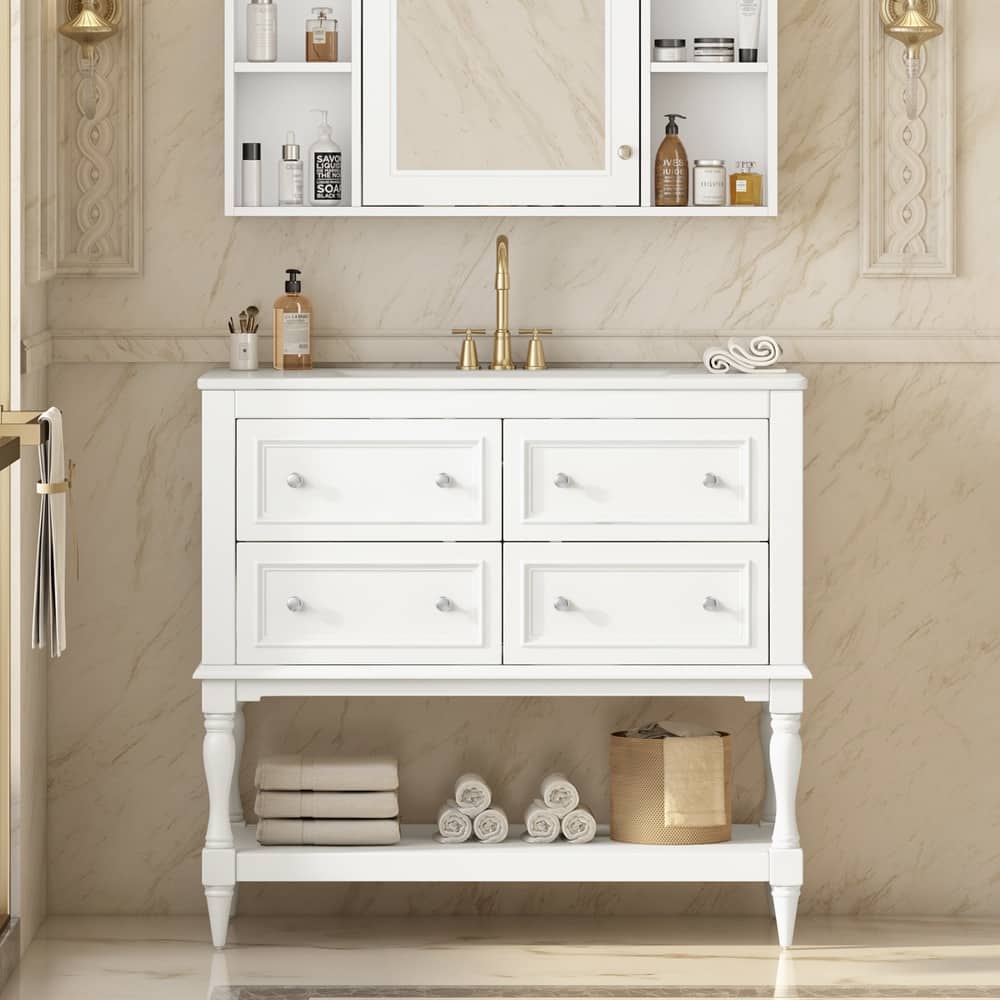 Free Standing Bathroom Vanity Cabinet with Sink, 4 Drawers, Solid Wood Frame, Silver Metal Knobs and Large Open Storage Shelf