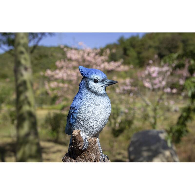 6.5" Blue White Motion Activated Singing Blue Jay Stump Figurine