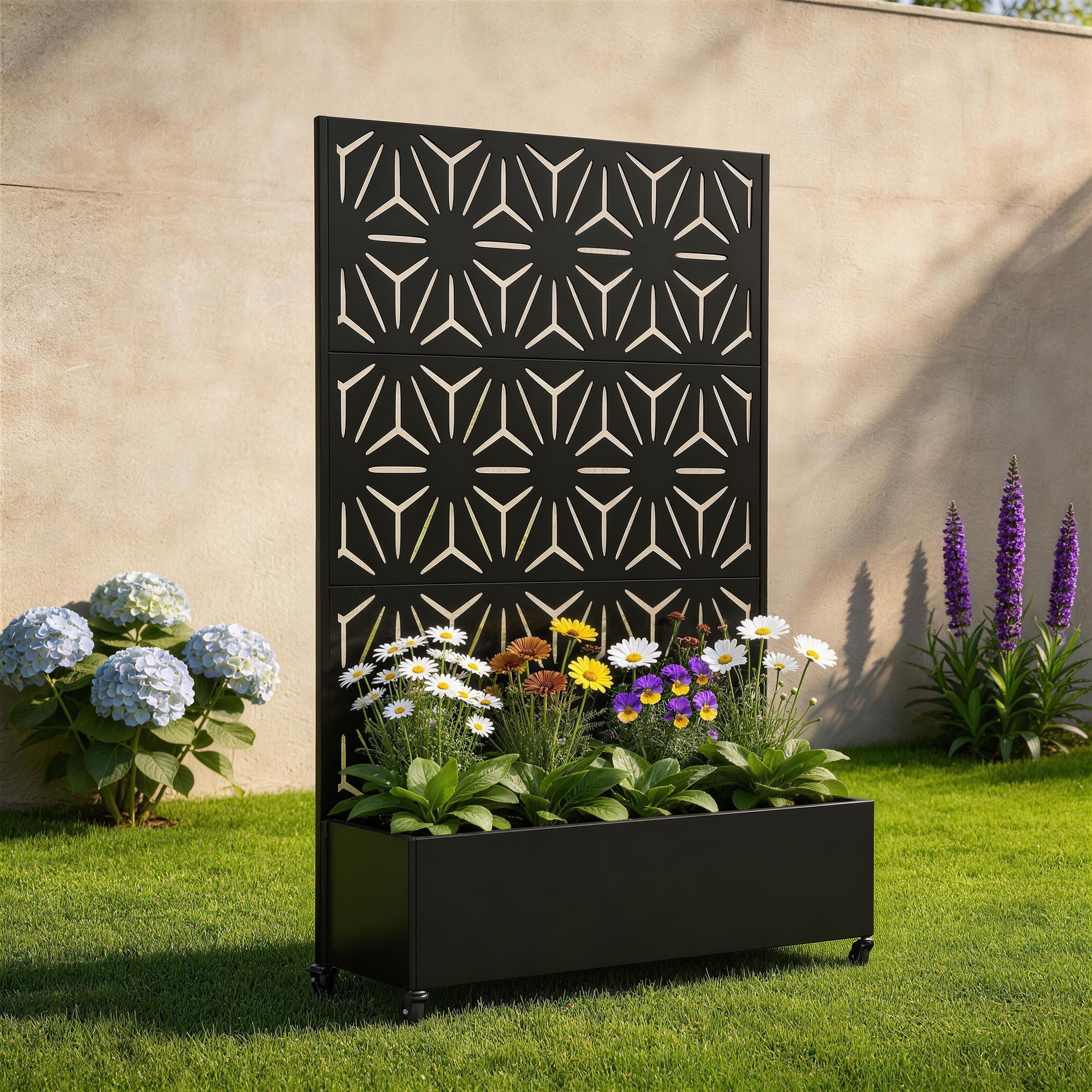 Rectangular Decorative Metal Privacy Screen with Planter Box Wheels