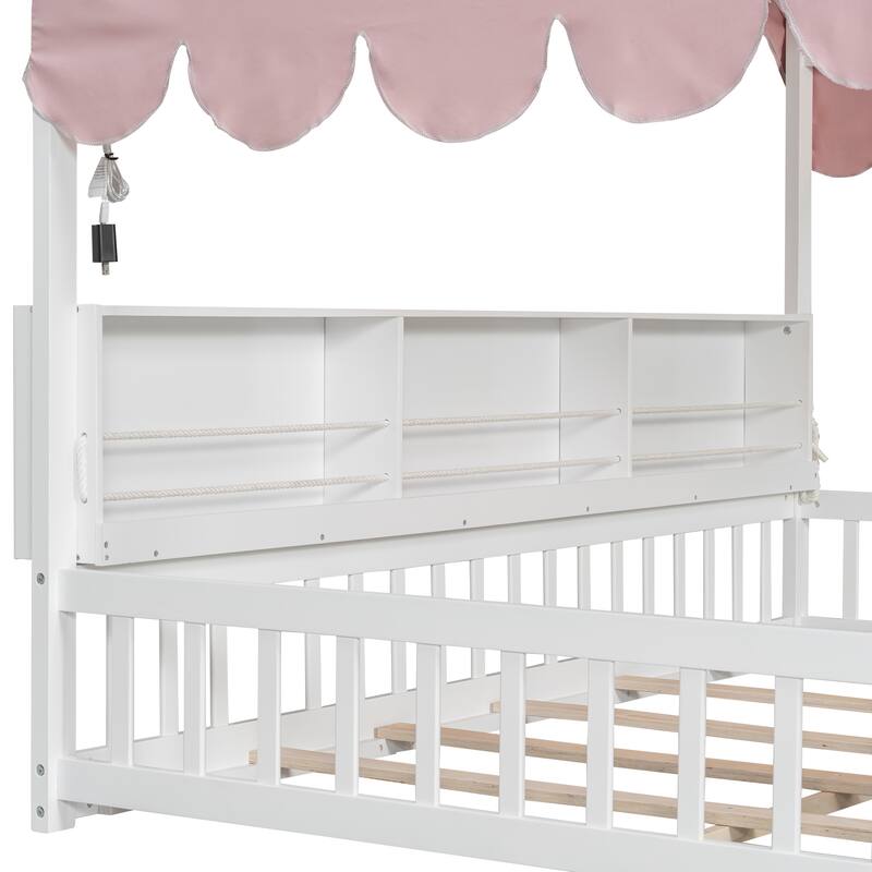 Full Size House-Shaped Daybed with Storage Bookshelves, Canopy Curtain and LED Light, Wooden Floor Bed with Fence
