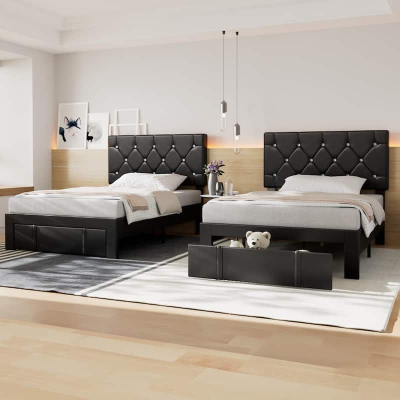 Javlergo 2-Piece Twin Bed Frame Set 39.4-45.3" Adjustable Height PU Leather Headboard with Diamond Embellishment Storage Drawer