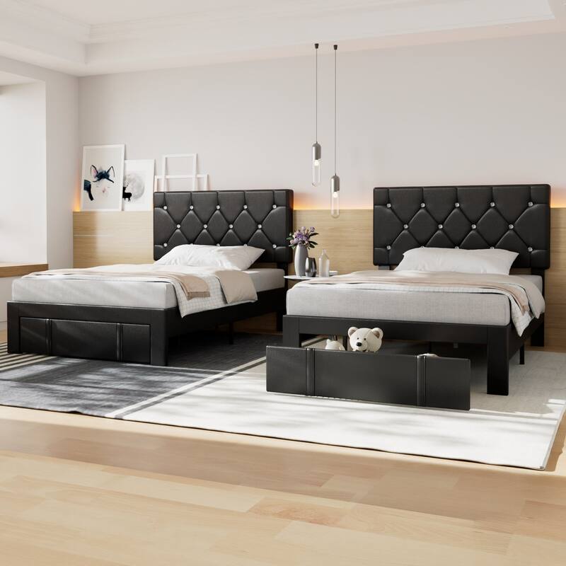 VECELO Bed Frame with Storage Drawers, Leather Upholstered with Diamond Tufted Headboard, Solid Wood Slat Support