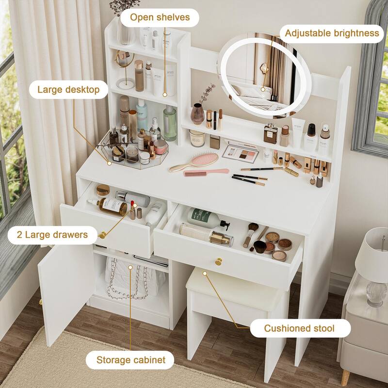 Bedroom Makeup Vanity Desk with Touch LED Light Mirror, Dressing Table with Upholstered Vanity Stool, White