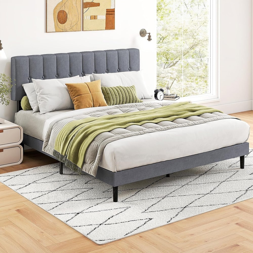 Queen Size Platform Bed Frame with Fabric Upholstered Headboard and Wooden Slats Support, No Box Spring Needed/Easy Assembly