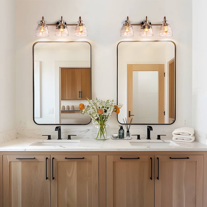 Elisie Modern Glam 3-light Bathroom Vanity Light Black Gold Sconce with Water Glass - L23" x W7.5" x H9"