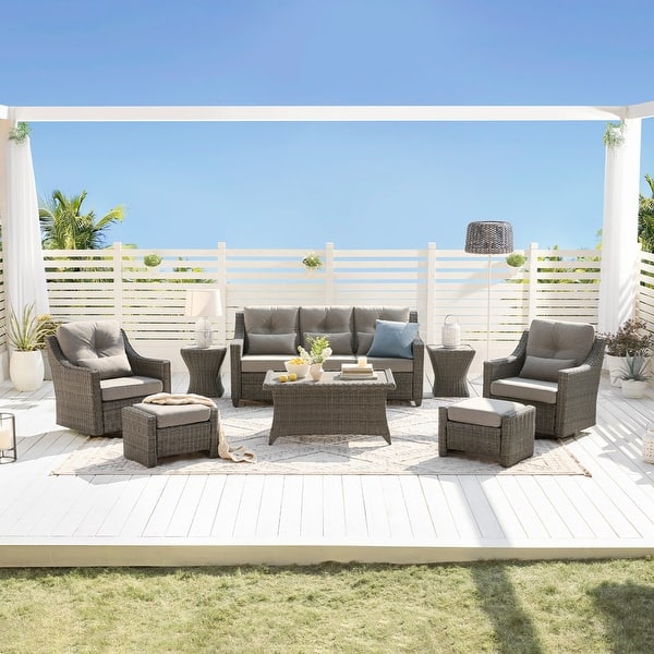 slide 2 of 107, Murphy Outdoor Wicker Patio Outdoor Sofa Swivel Chair Coffee Table 8PC - Gray Wicker-Brownish Gray