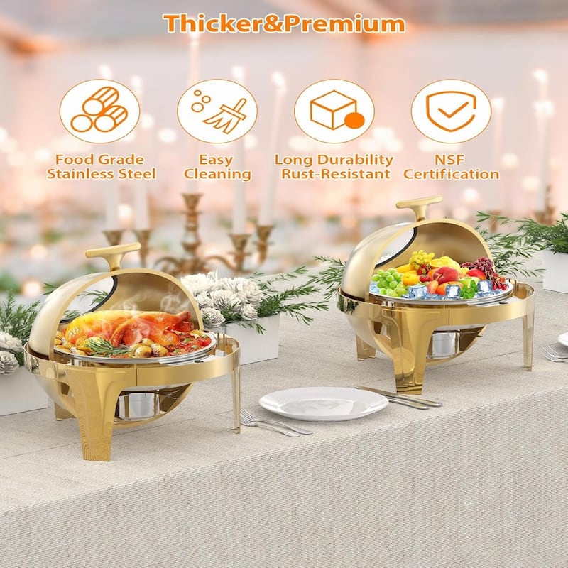 6.3 QT Round Roll - Top Chafing Dish Buffet Kit In Gold with a Transparent Glass Panel - 6L