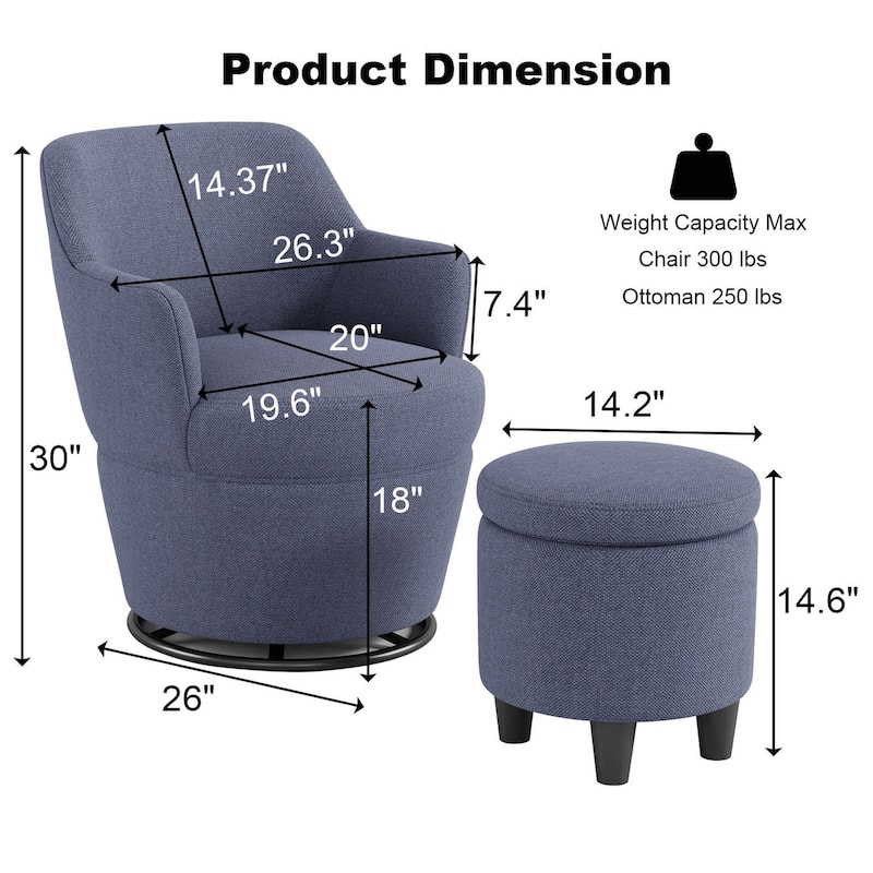Swivel Accent Chair with Storage Ottoman, Modern Lounge Sofa Chair Barrel Chair Arm Chair with Nail Trim
