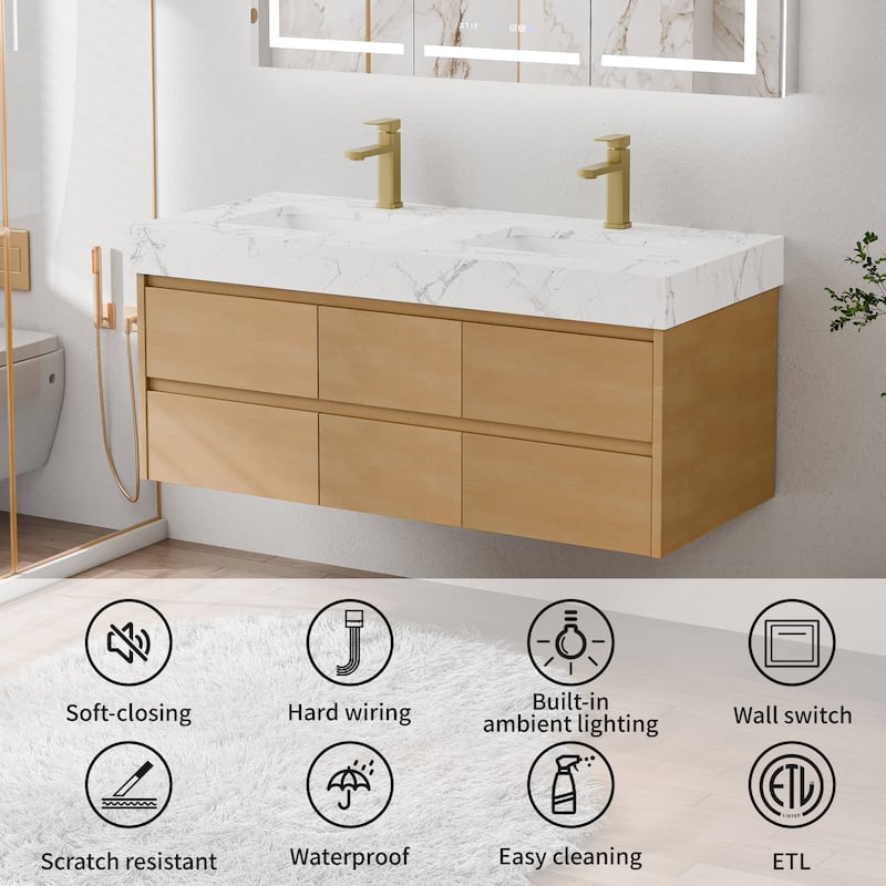 Modland 48" Floating Bathroom Vanity with Single/Double Sink, Modern Maple Wood Wall Mounted Vanity with Marble Countertop