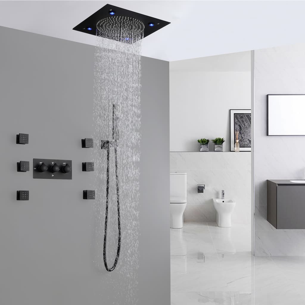 Luxury Ceiling Mounted 9-color LED 4-Way Complete Rain and Spray Shower System with 6 Body Jets and Showerhead