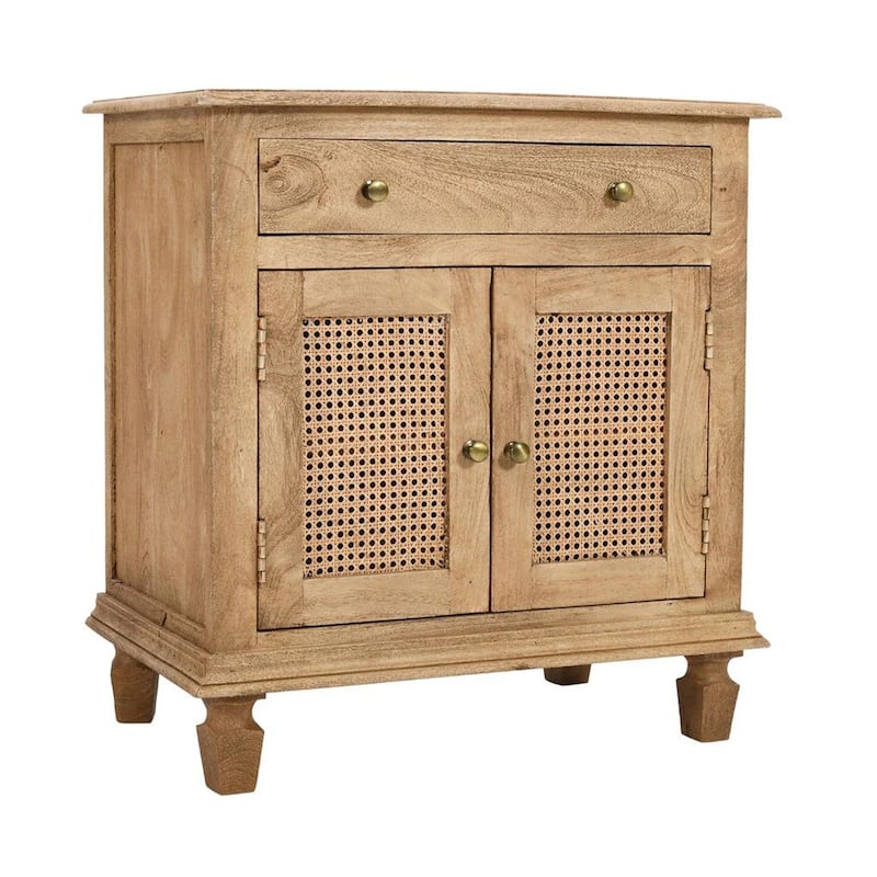 30 Inch Nightstand Table, Rattan Cabinet Doors and Drawer Fronts, Sandblasted Brown Mango Wood