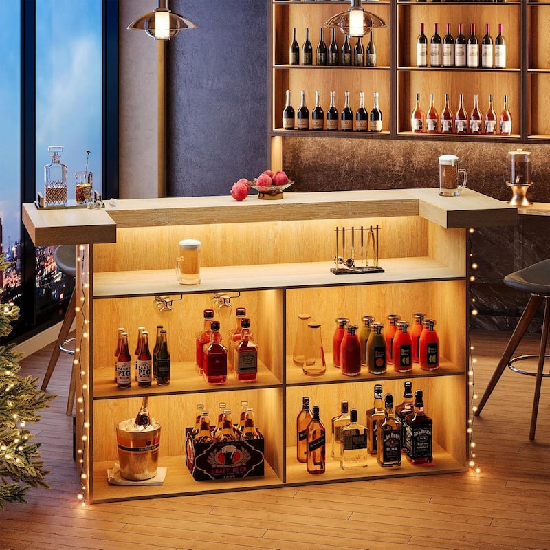 4-Tier Wooden Bar Table, 70.9" Large Home Bar Unit with Storage Shelves for Home, Patio, Basement